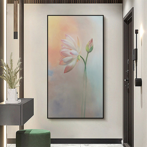 纯手绘油画玄关入户走廊荷花新中式花卉挂画现代莲花装饰画竖版