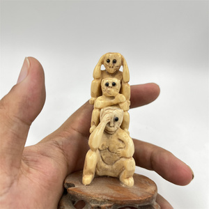 创汇时期老骨雕 佛家三不猴小摆件北京工艺品厂库存老货