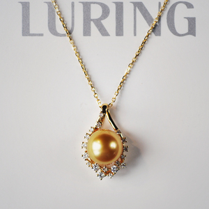 t家设计.高品质南洋浓金深金海水珍珠10-11mm镶钻18k金吊坠项链