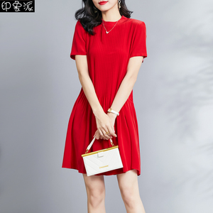红色重磅真丝连衣裙女夏装2024新款压褶宽松显瘦荷叶边桑蚕丝裙子