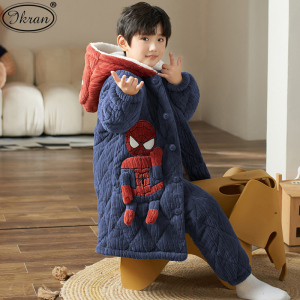 儿童睡衣男童冬季珊瑚绒加绒加厚三层夹棉男孩秋冬款法兰绒家居服