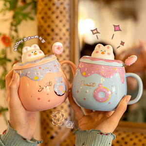 日本代购可爱兔子马克杯带盖勺女生高颜值儿童喝水杯家用陶瓷杯子