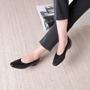 新款浅口编织真皮舒适坡跟单鞋胎牛皮内增高中跟女鞋我的第六感388