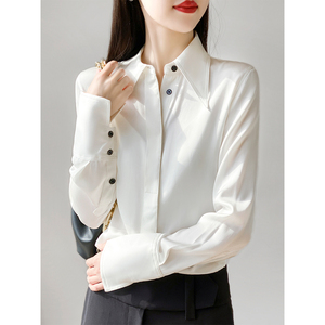 白色洋气大尖领 设计感小众 长袖缎面重磅真丝衬衫女2021春装新款