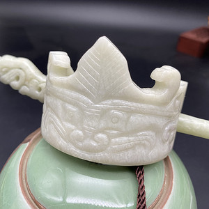 岫玉糯白发冠头饰发饰兽面纹帽冠玉冠古风汉服盘头束发玉簪子玉冠