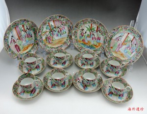 回流古董瓷器 清代 细路 粉彩 广彩 西厢记故事人物 茶具 20件套
