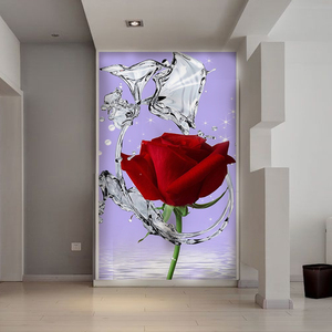 3d立体玄关壁画走廊过道墙纸装饰画竖版背景壁纸浪漫水中玫瑰