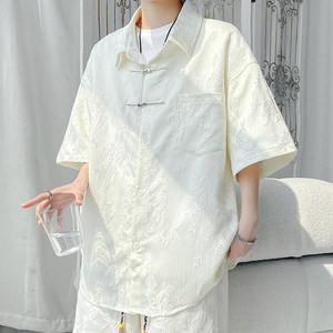 夏季新中式中国风金属盘扣暗纹花卉设计感大码潮牌白色短袖衬衫男