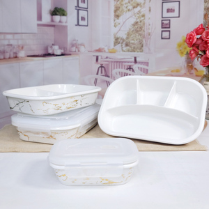 四格分格盘食品级陶瓷饭盒带盖分隔型微波炉专用上班族大容量瓷碗