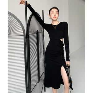 toba修身性感开叉连衣裙黑色纯欲辣妹不规则抽绳长裙小黑裙早春秋