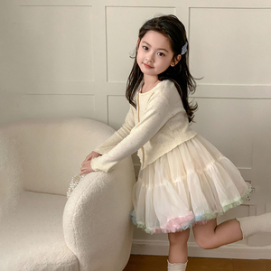 2024春款韩国童装女童彩色扣子毛衣儿童女宝针织衫外套网纱半裙潮