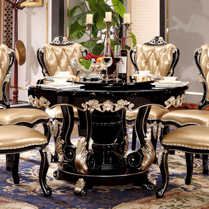 欧式餐桌美式实木旋转圆桌新古典黑檀色大理石圆桌美式餐桌椅组合