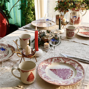 一鸿艺居陶瓷餐具红色系列圣诞大小盘碟碗花器 节日买满包邮