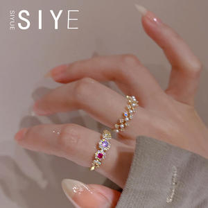 微镶彩钻锆石蕾丝珍珠戒指女夏日韩时尚个性开口戒小众轻奢食指环