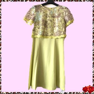 北京轻奢品牌碧琦BIQI柠檬黄色拼接织花蕾丝短袖连衣裙