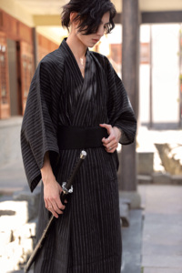 日本传统和服男士浴衣浴袍睡衣家居服cos写真服装棉麻透气黑白条