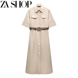 ZA 夏新款女装翻领短袖工装长裙配腰带衬衣式迷笛连衣裙 1971054