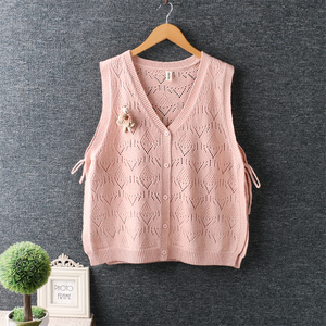 秋装新款女装文艺甜美镂空钩花两边开叉混纺毛衣背心针织马甲坎肩