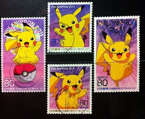 日本信销邮票 2011年 宠物小精灵 皮卡丘 口袋怪物 卡通动漫4 枚