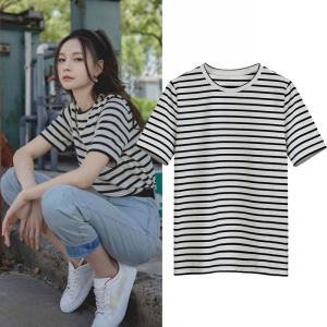 香港2021新款沈梦辰明星同款条纹短袖t恤女韩版圆领上衣减龄ins潮