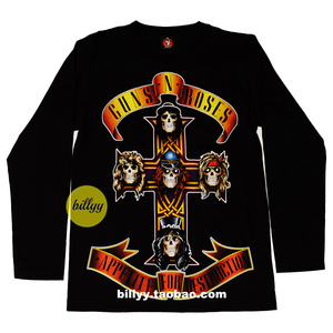 泰国进口枪花乐队guns n roses金属摇滚朋克纯棉黑色桶织长袖t恤