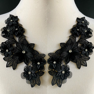 黑色对花缎花手工钉珠水溶对花朵花贴边礼服服装高级定制花贴辅料