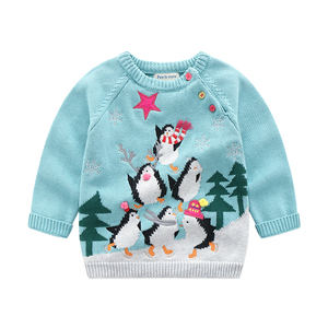 女童圣诞毛衣针织衫套头春秋冬款欧美女宝女童蓝色企鹅图案外贸