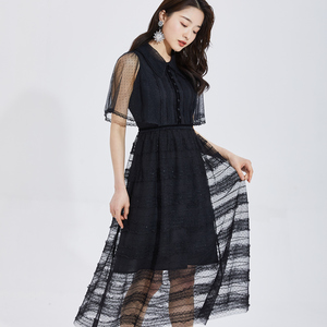bagpipe风笛黑色蕾丝连衣裙女夏爆款娃娃领减龄长款裙子