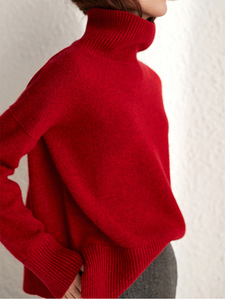 高领羊绒衫女2021新款100纯羊绒开叉新年红色毛衣本命年洋气宽松
