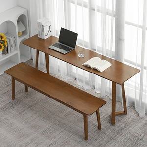 全实木窄边异形腿书桌北欧风胡桃木色小户型家用书房卧室长条桌凳