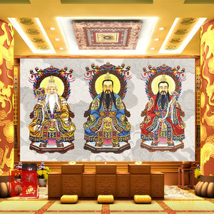 三清道尊墙纸佛系元始天尊道场供台壁纸背景墙布道教文化壁画j