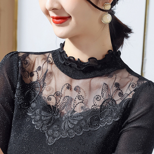 春夏薄款透气小衫女款高档蕾丝打底衫长袖网纱半高领内搭洋气t恤