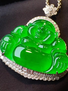 缅甸帝王绿佛公吊坠高冰种天然翡翠弥勒佛玉石18k金镶嵌带证书