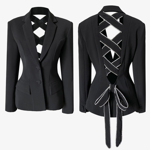 后背交叉镂空水钻镶边蝴蝶结装饰蓬蓬西装外套