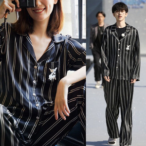 维多多利亚蔡徐坤同款小奶狗条纹睡衣男女情侣真丝家居服套装夏