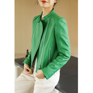 ゴ早秋绿色绵羊皮皮衣外套女2022年机车短款夹克uv6zm054