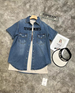 nanhan正品两件套翻领短袖牛仔衣字母刺绣直筒圆领短袖体恤衫女潮