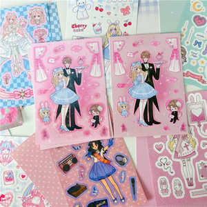 原创 情侣双人漫画风少女爱心闪膜哑光人物咕卡贴纸点缀手帐装饰