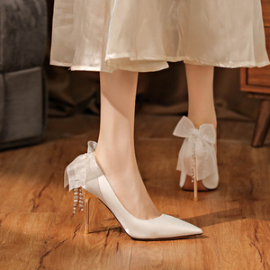 法式主婚纱婚鞋白色缎面高跟鞋女细跟后蝴蝶结绝美伴娘鞋日常可穿