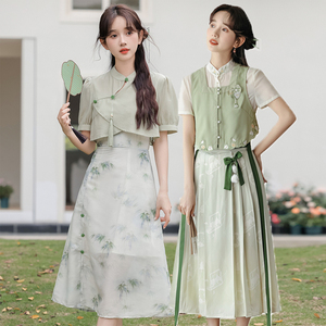 新中式民国风盘扣连衣裙两件套2024夏闺蜜学生日常少女汉元素套装