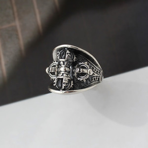 925纯银原创设计复古做旧降魔杵戒指个性可转动宽版开口指环男潮