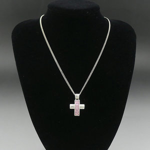 【西洋古董银器/首饰】比利时多切面粉水晶十字架纯银吊坠项链