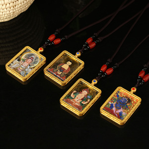 新品唐卡嘎乌盒西藏镀金色双面手绘如意观音财神阿弥陀佛情侣礼物