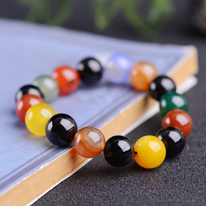 天然彩色玛瑙珠手串原石七彩手链 石头转运水晶宝石玉髓单圈手饰