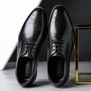 杰豪皮鞋男商务正装休闲秋季透气英伦真皮新郎结婚布洛克增高男鞋