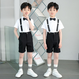 儿童白衬衫黑裤子男童演出服套装夏季短袖薄款衬衣短西裤两件套
