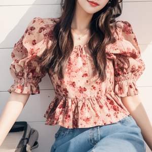 深圳南油高端女装干枯玫瑰色碎花泡泡袖衬衫独特别致上衣甜美减龄