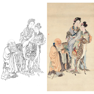 工笔画传统人物白描底稿寿星梅花鹿祝寿图国画实物宣纸画打印稿子