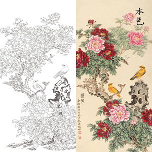 国画工笔画牡丹花鸟画底稿描线稿小品四尺透稿临摹宣纸实物打印稿
