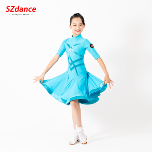 SZ舞蹈特惠少儿规定女童拉丁舞服国标舞比赛考级演出蓝色连体